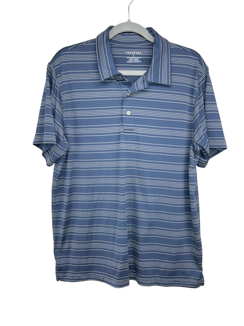 Tehama Navy Gray Striped Short Sleeve Performance Polo Mens Large